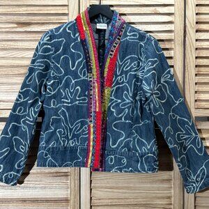 Chico's Denim Jacket Floral Embroidery - Open Front Boho Farmer's Market Size L
